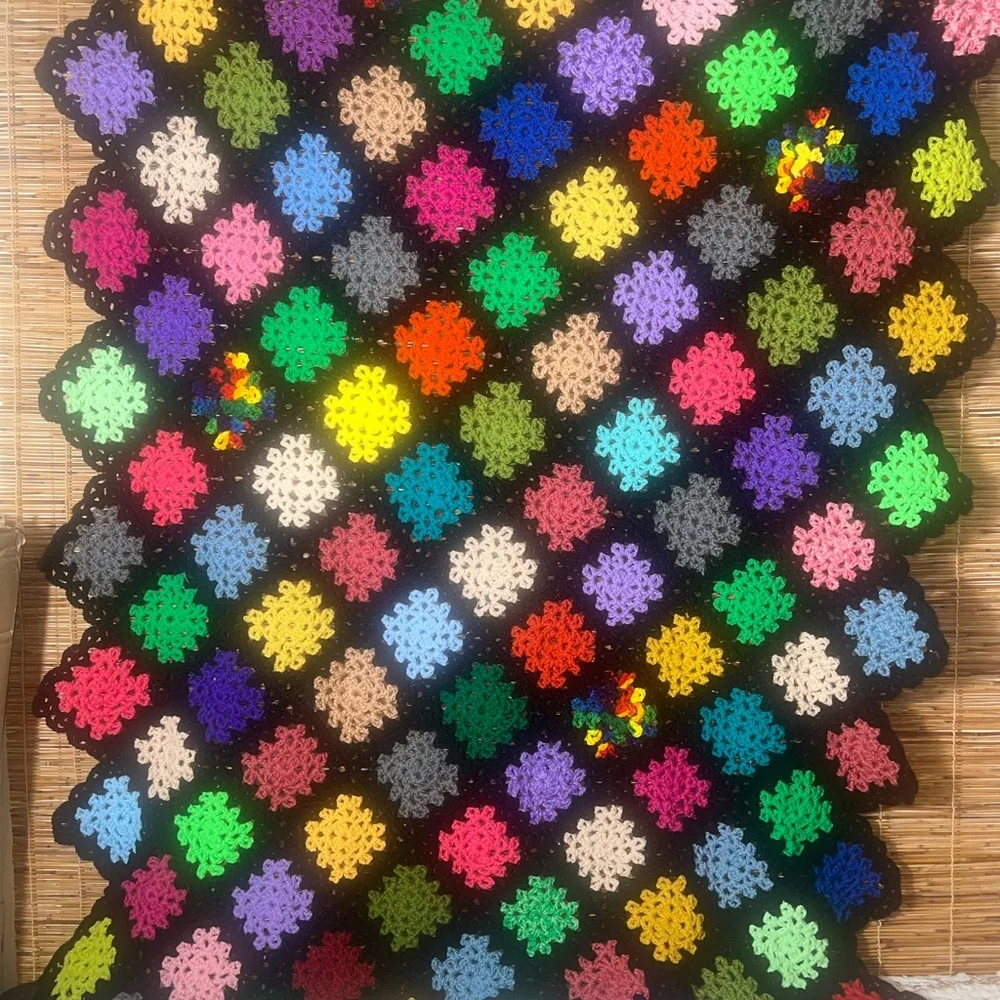 Vtg Crocheted 51X60 Chain Flower Blanket Throw Afghan Black Muti Colored Flowers